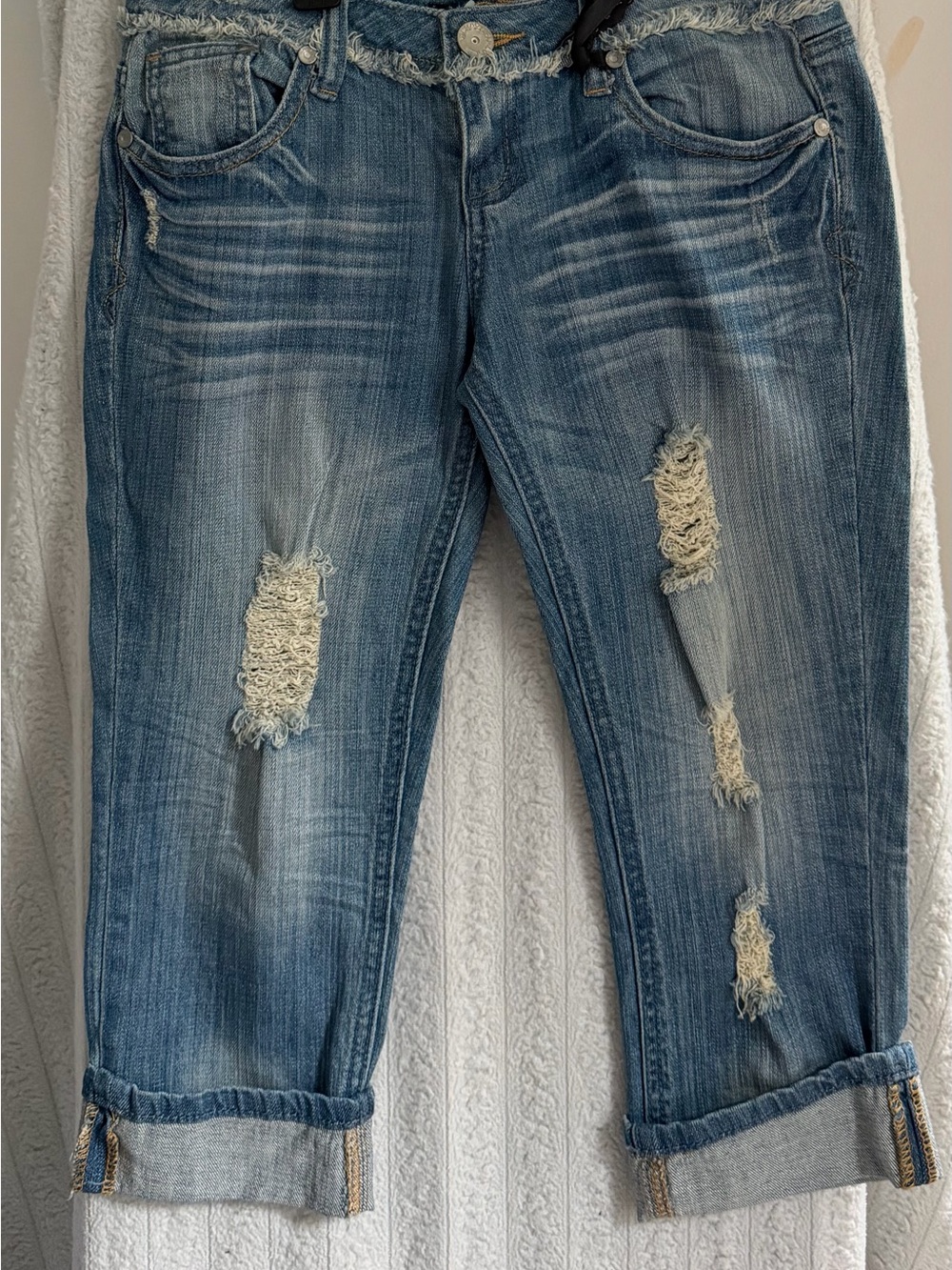 Almost Famous Distressed Medium Blue Cropped Jeans